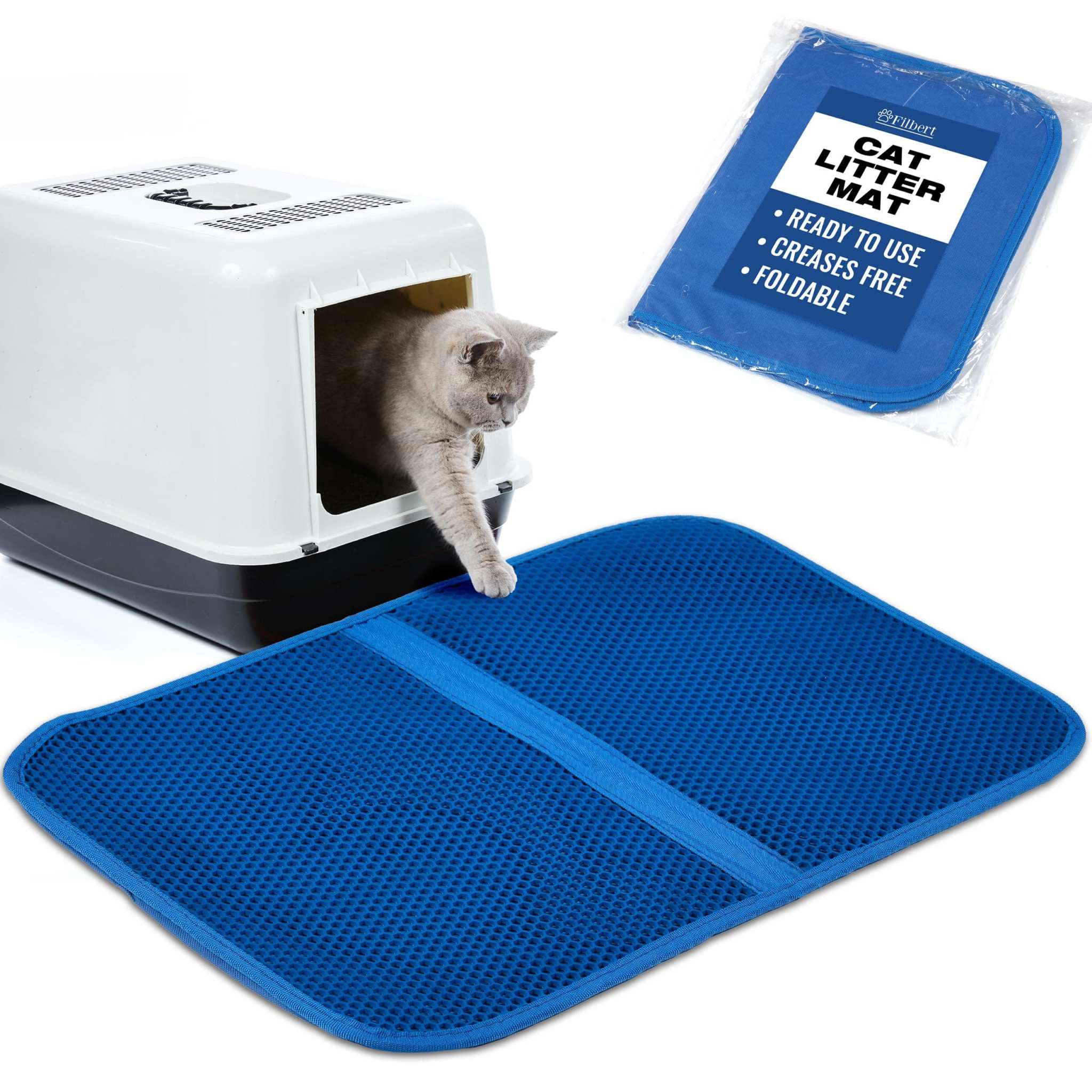Foldable Cat Litter Mat with honeycomb holes and double-layer waterproof design, 23.6"x14.8" in blue
