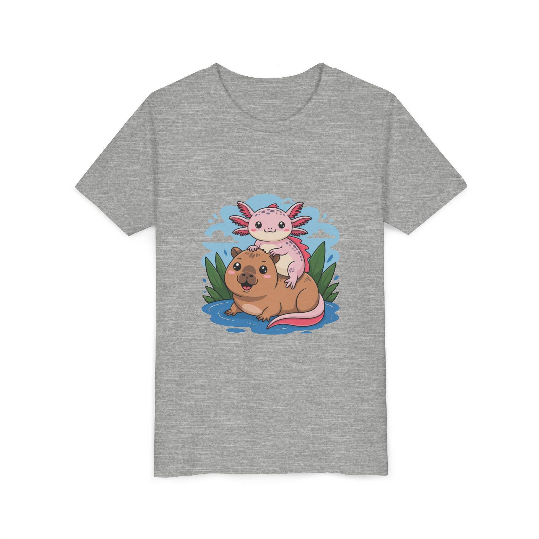 Breathable navy cotton youth tee featuring axolotl on a capybara design by Printify