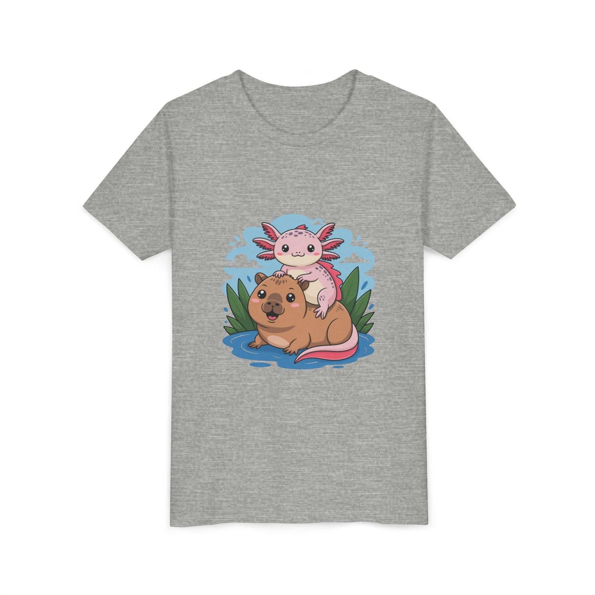 Breathable navy cotton youth tee featuring axolotl on a capybara design by Printify
