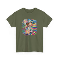 Golden retriever in beret holding paint palette with rainbow swirls on colorful artist dog T-shirt