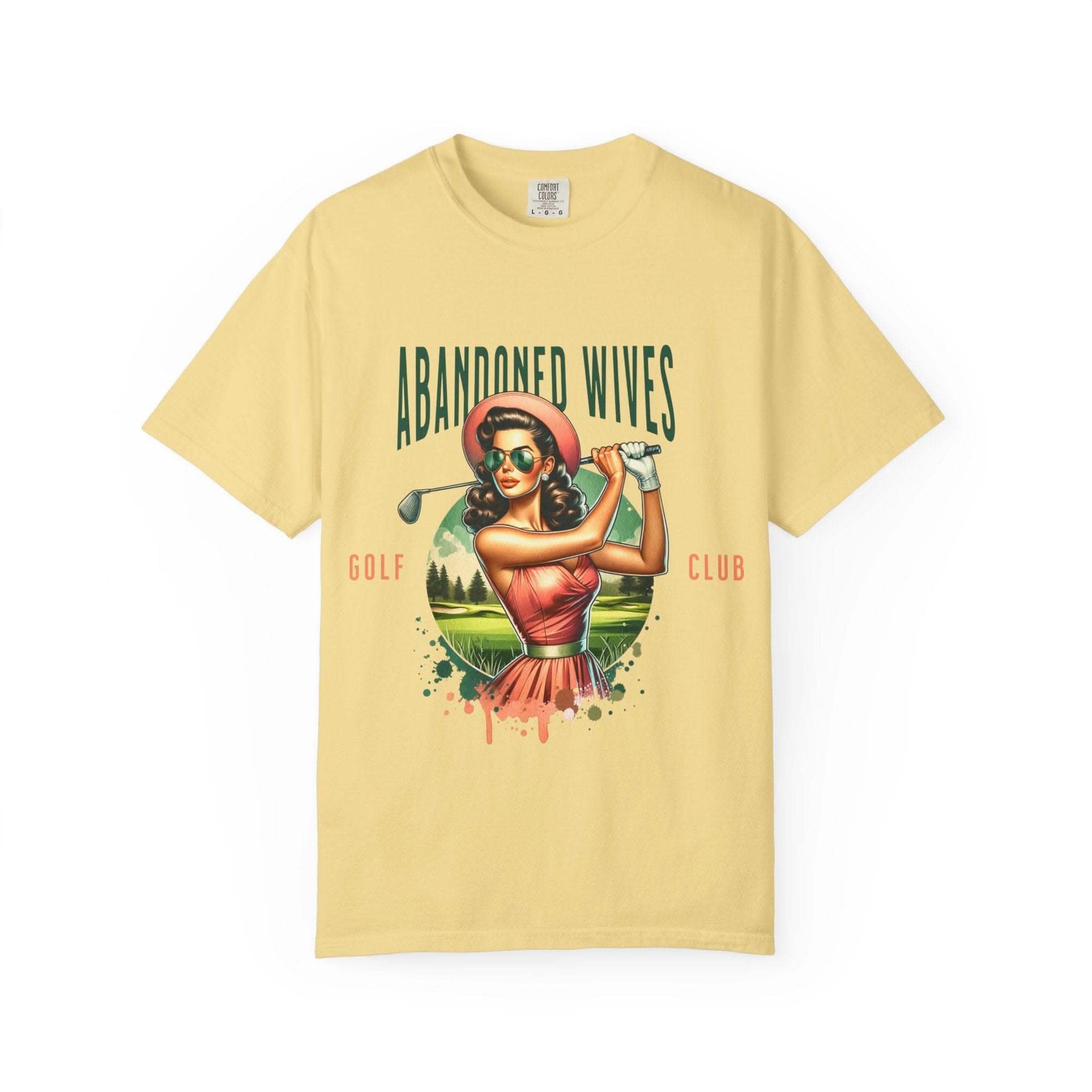Vintage unisex t-shirt with humorous Abandoned Wives Golf Club design on yellow cotton fabric