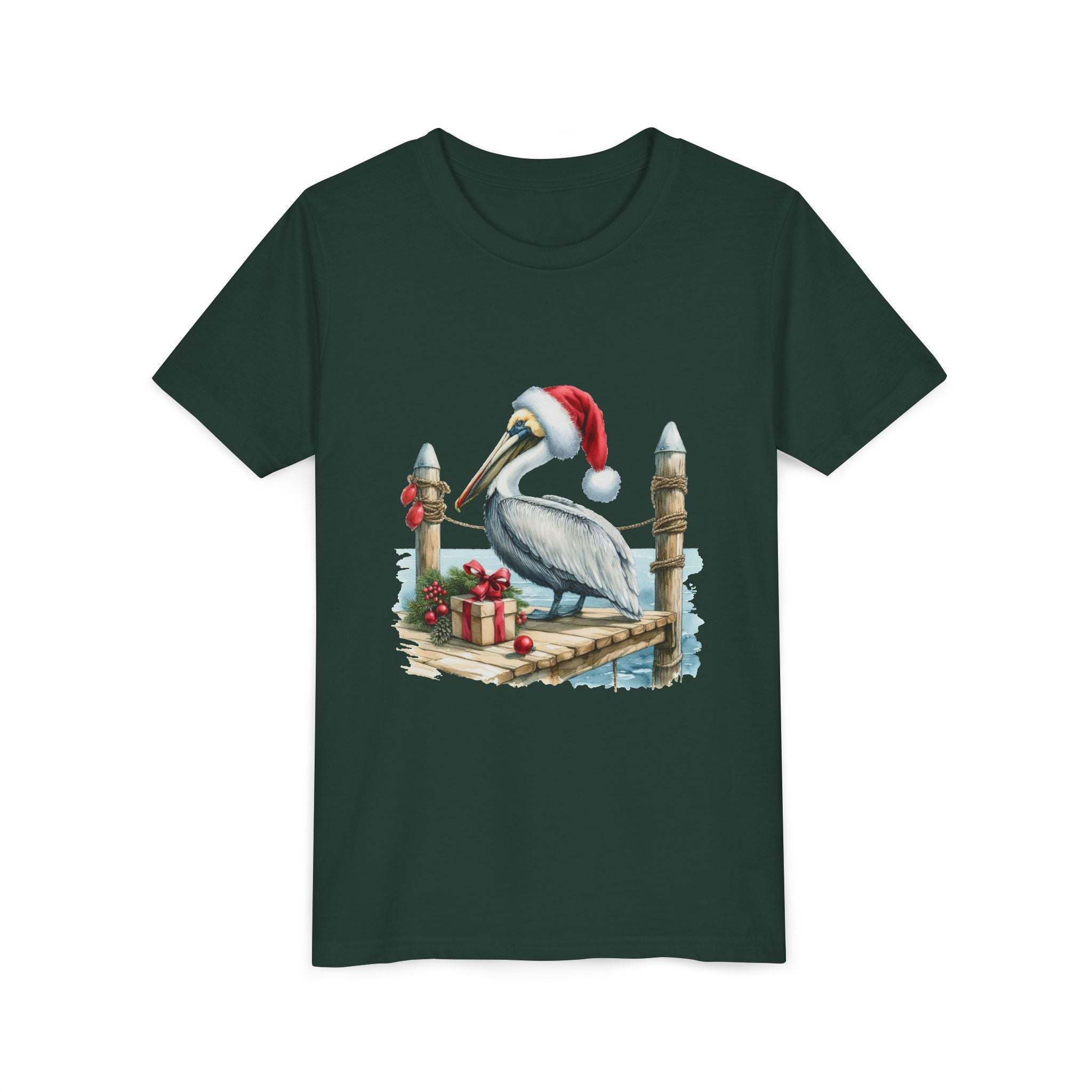 Youth t-shirt with pelican wearing Santa hat on pier and holiday gifts design