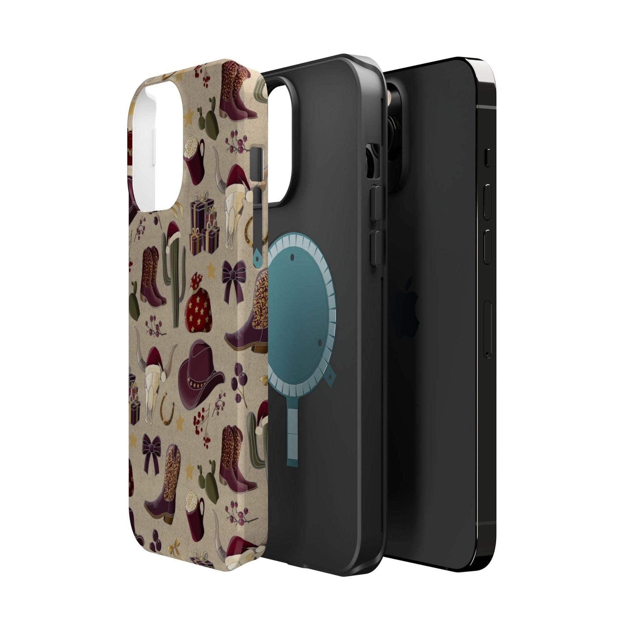 Cowboy Christmas design phone case for iPhone 17 in glossy finish by Printify, featuring festive colors and patterns.