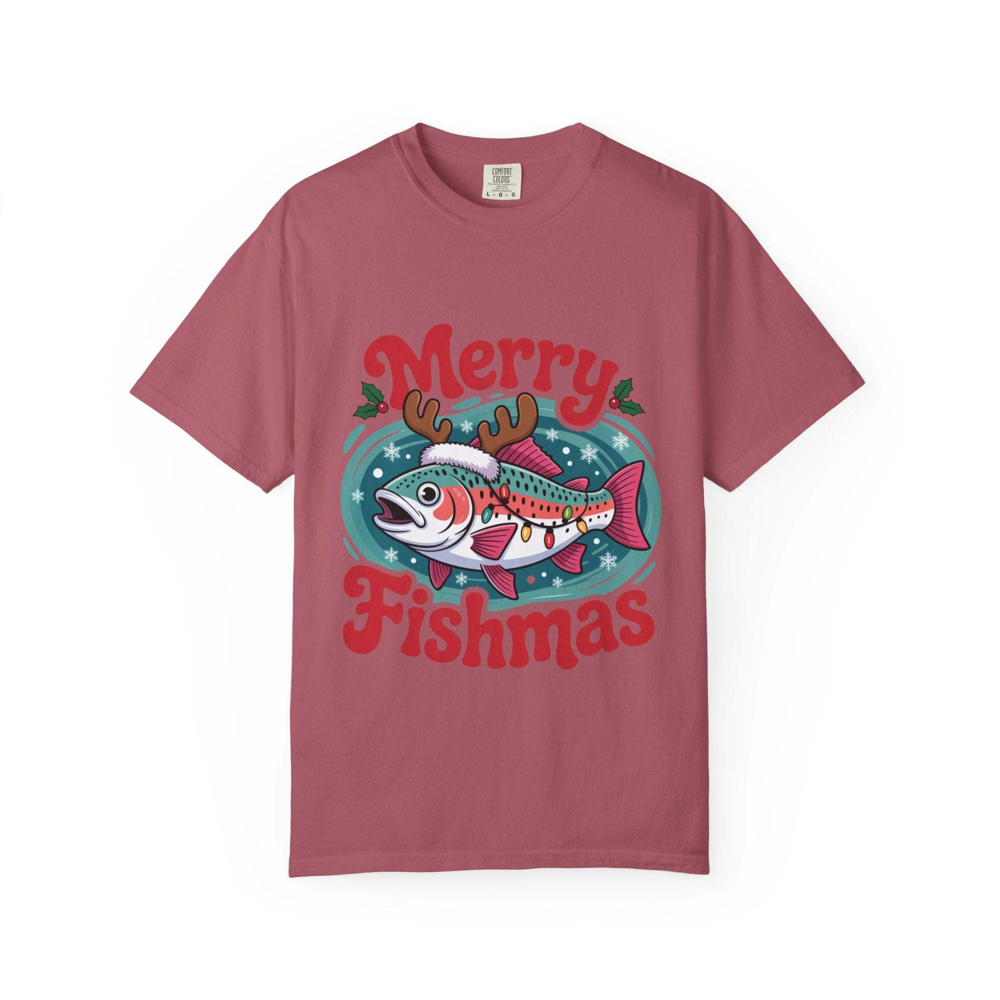 True Navy garment-dyed t-shirt featuring Merry Fishmas design for fishermen, by Printify