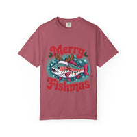 True Navy garment-dyed t-shirt featuring Merry Fishmas design for fishermen, by Printify