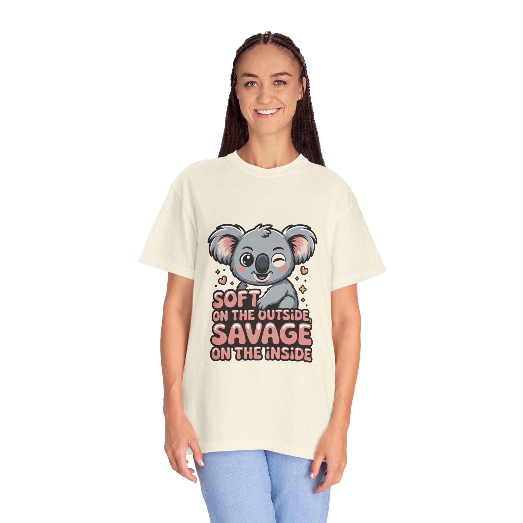 Woman wearing Soft on the Outside Savage on the Inside koala graphic t-shirt with relaxed fit and vintage wash