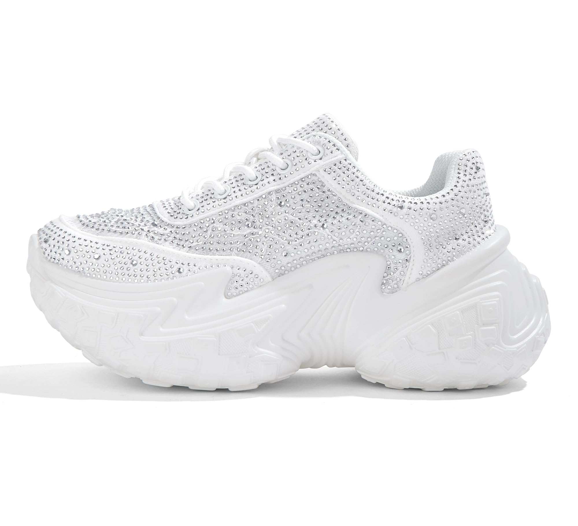 Womens chunky sneakers with 2.75-inch thick sole, rhinestone lace detailing, butterfly embellishment, and memory foam insole for comfort and style
