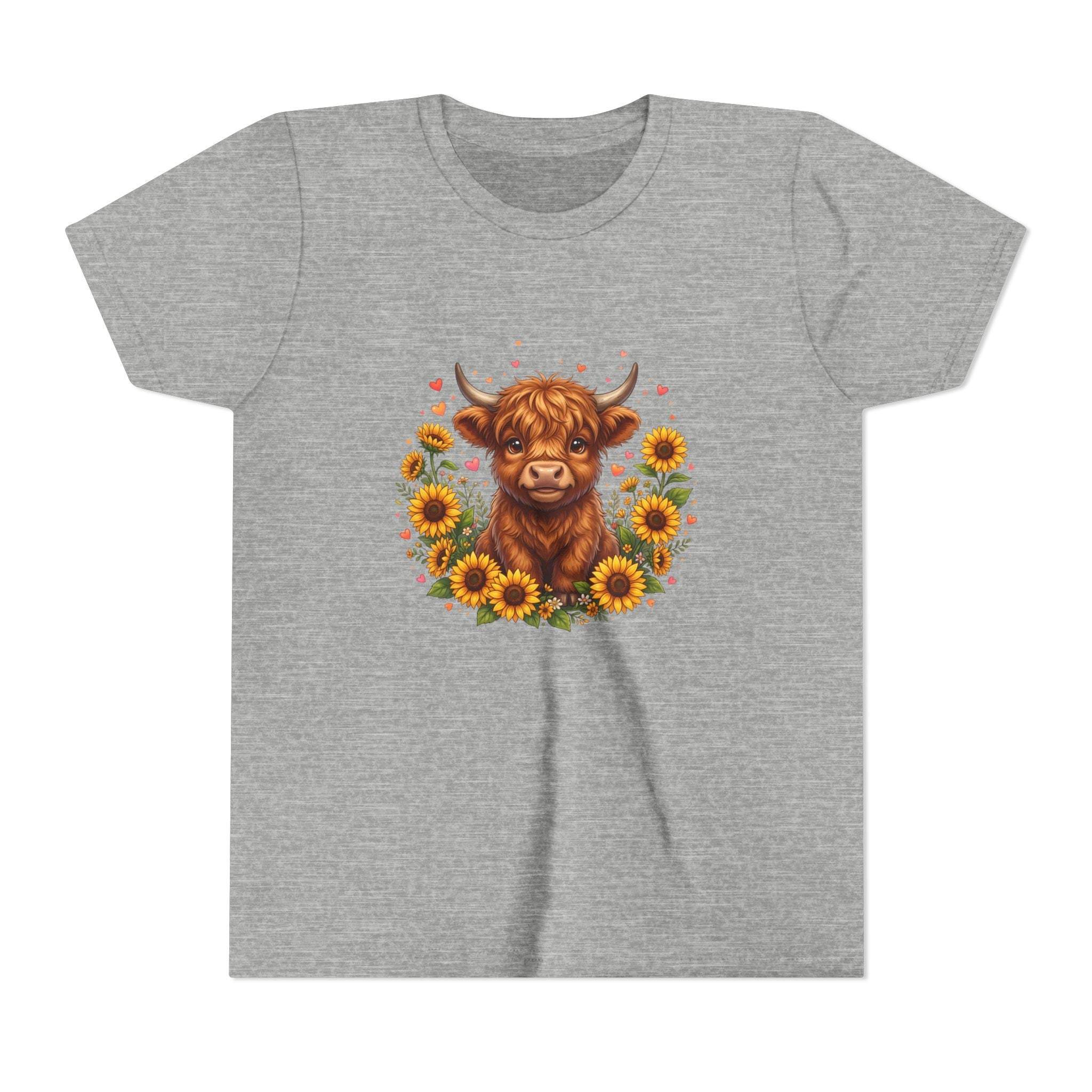 Highland Cow with Sunflowers Youth Tee | Cute Calf Floral Kids Shirt