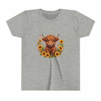 Youth tee featuring Highland Cow with Sunflowers design on soft cotton shirt
