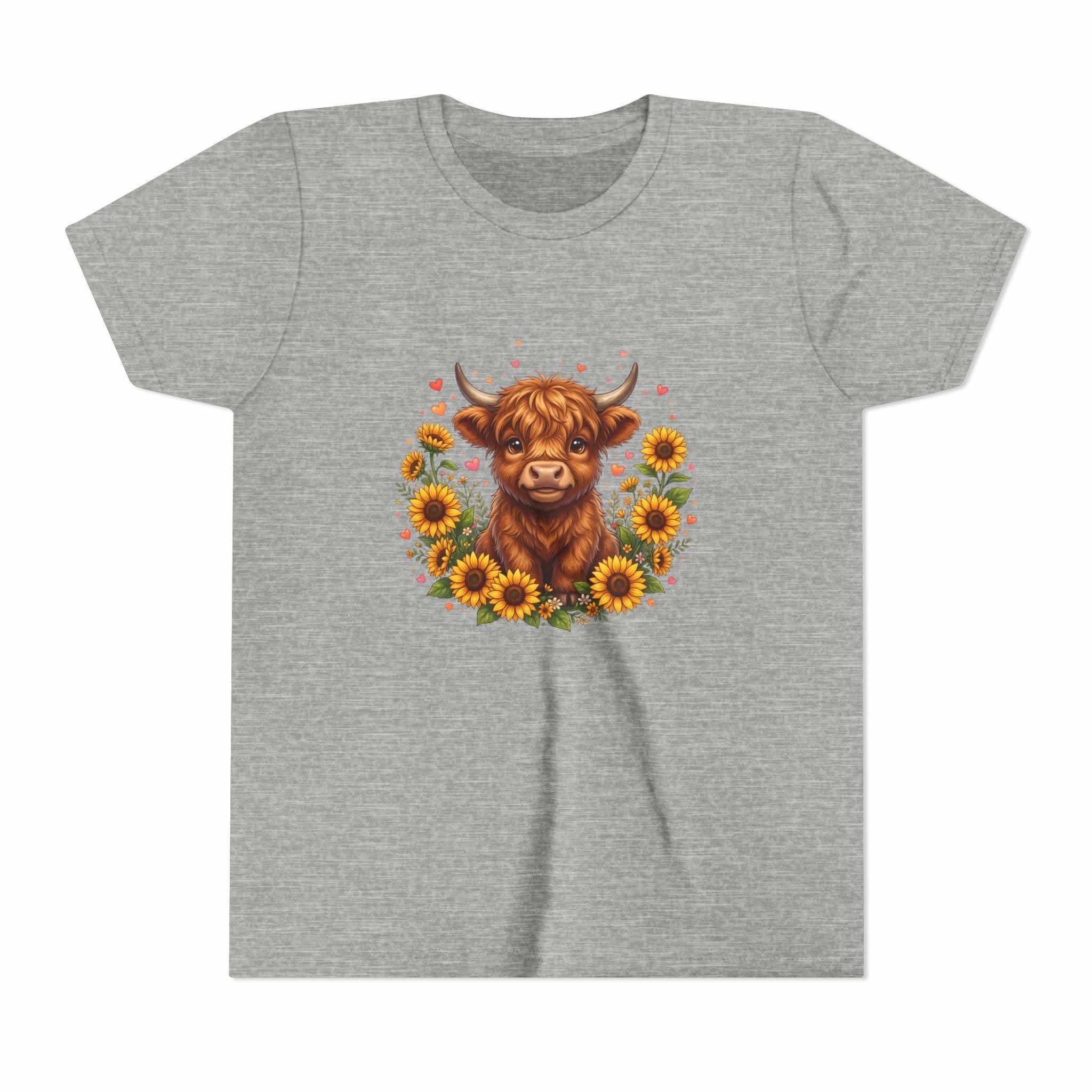 Youth tee featuring Highland Cow with Sunflowers design on soft cotton shirt