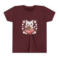 Kawaii cat eating ramen anime tee for youth with soft cotton and vibrant print