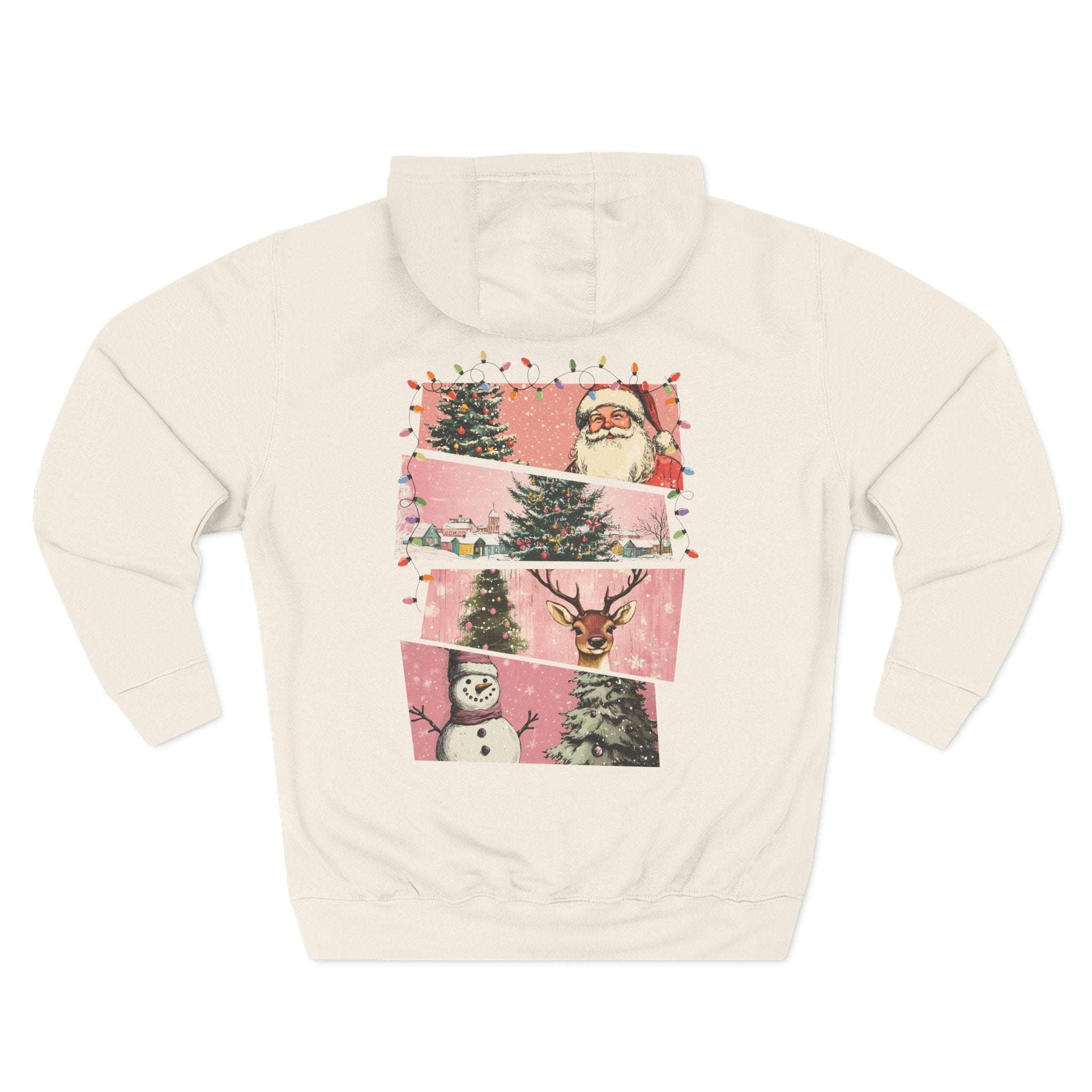Back view of cozy white fleece hoodie with festive Christmas watercolor design featuring Santa, trees, snowman, and reindeer