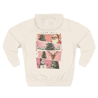 Back view of cozy white fleece hoodie with festive Christmas watercolor design featuring Santa, trees, snowman, and reindeer