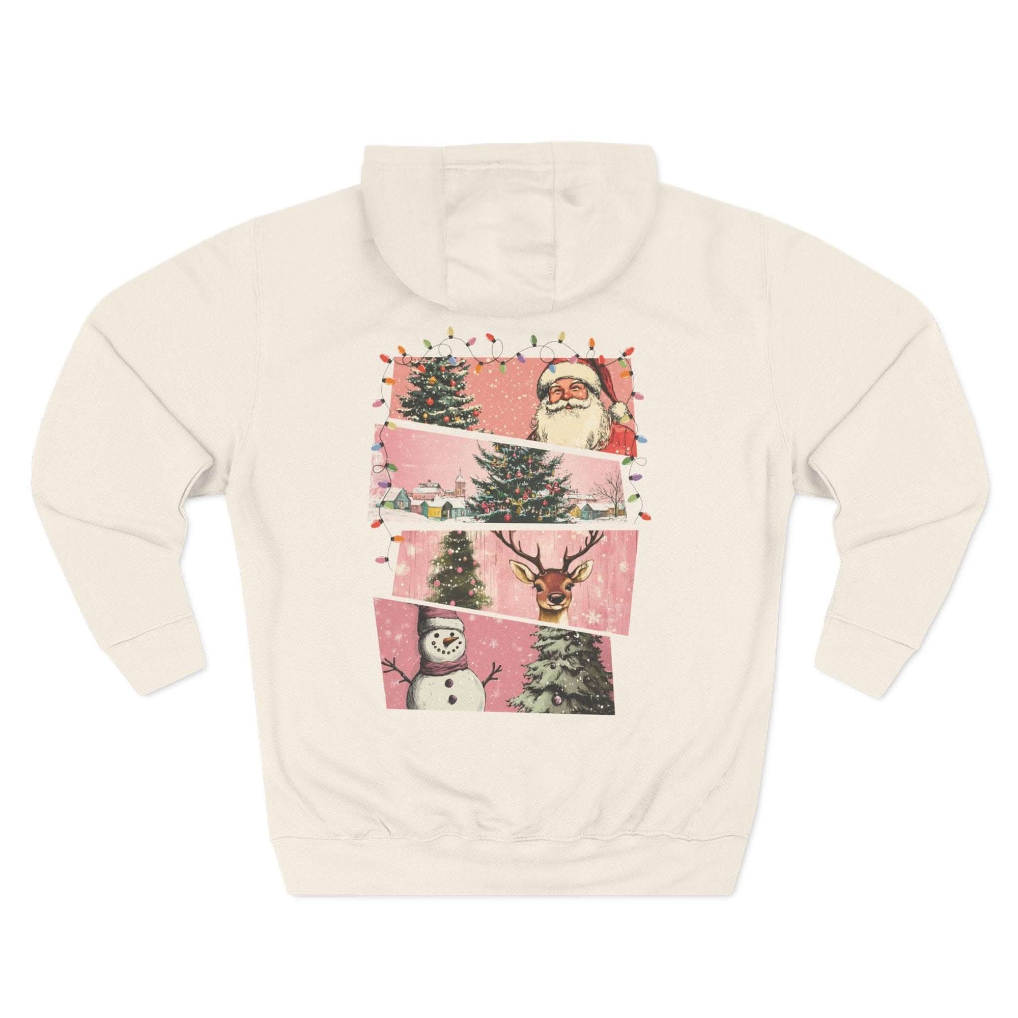 Back view of cozy white fleece hoodie with festive Christmas watercolor design featuring Santa, trees, snowman, and reindeer