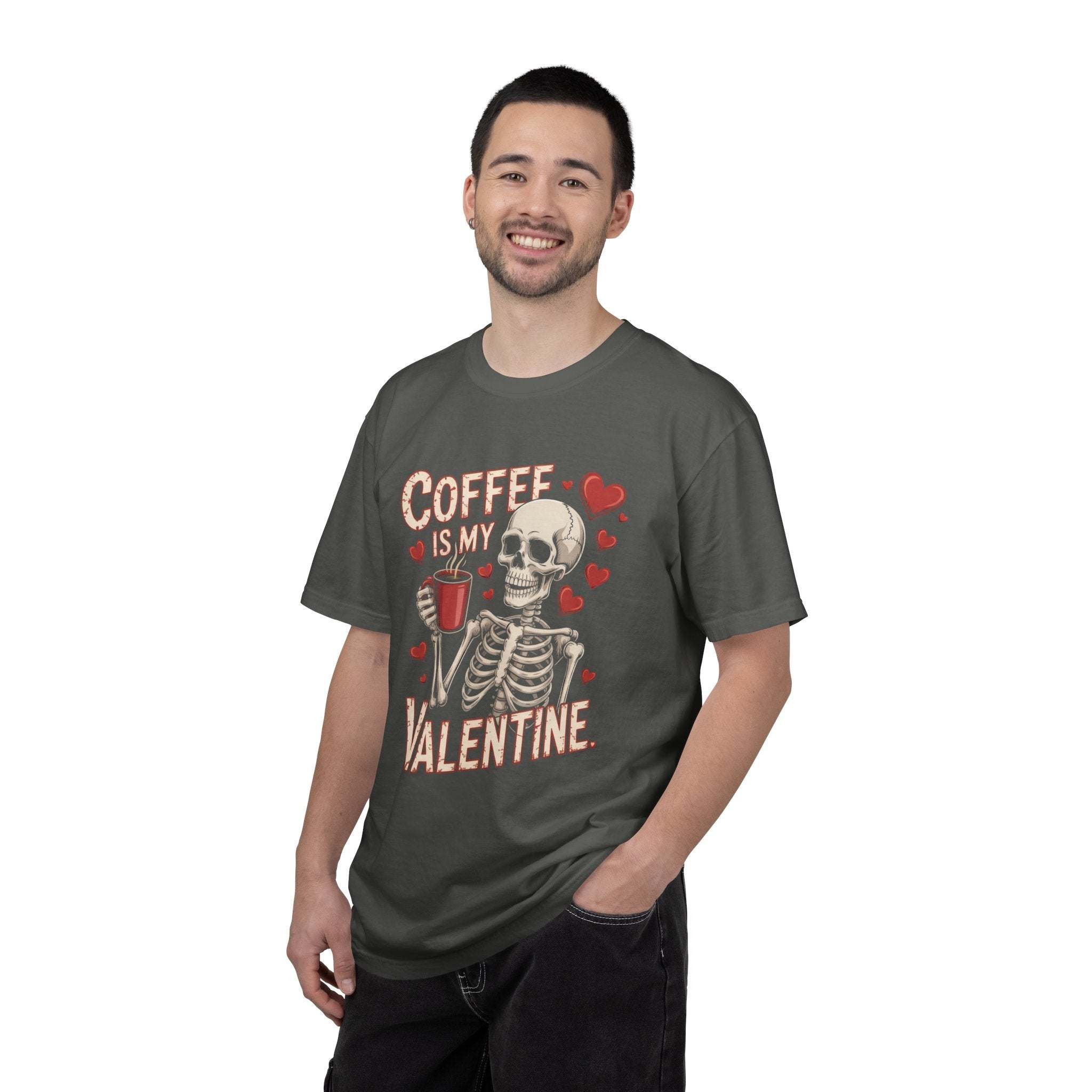 Coffee Is My Valentine skeleton graphic on vintage-washed cotton t-shirt