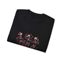 White Christmas Dancing Skeletons t-shirt by Printify, festive design perfect for holiday celebrations