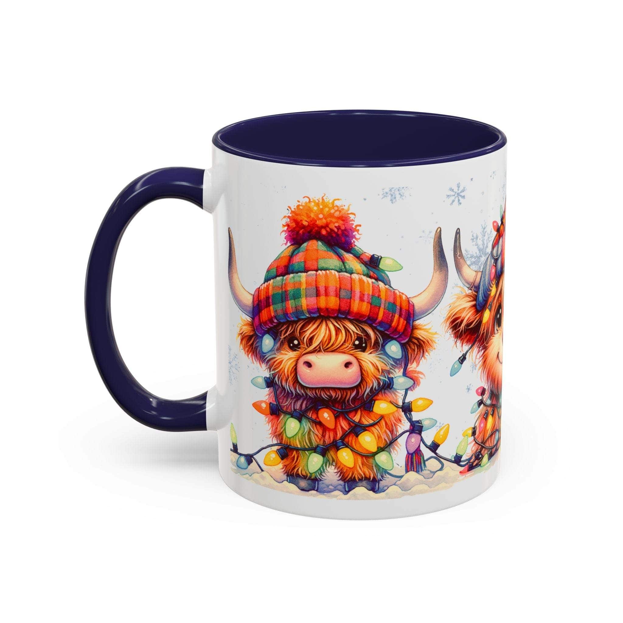 Mug with a design of a Highland cow wearing a Christmas hat and lights on a white background