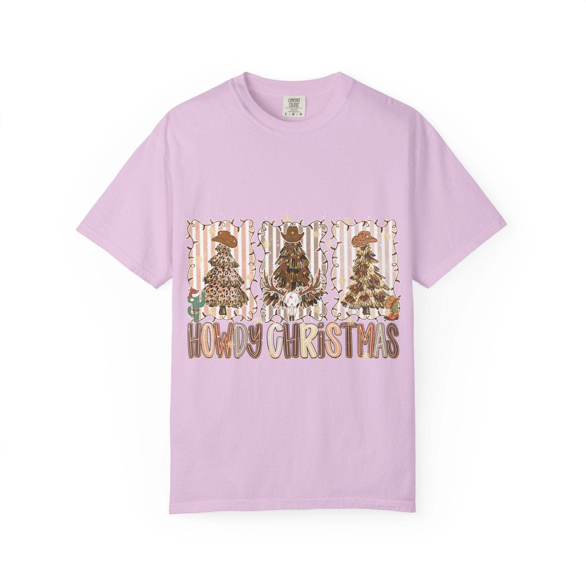 Cowboy Howdy Christmas t-shirt with festive cowboy-themed Christmas tree design on light purple fabric