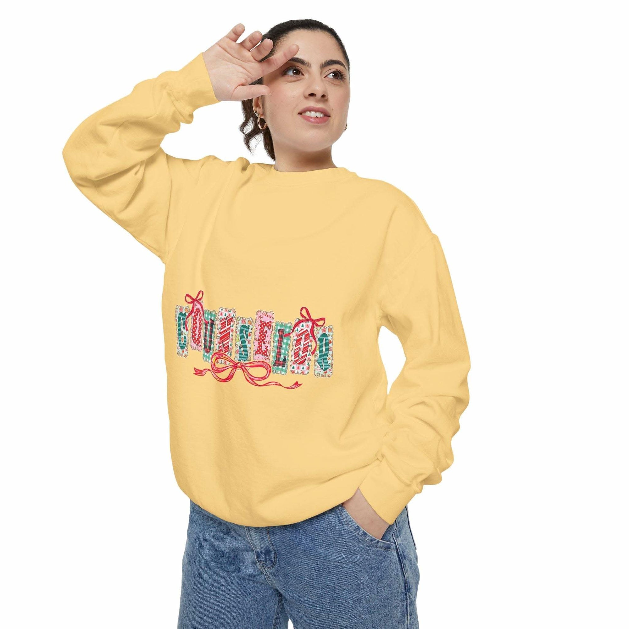 Garment-dyed True Navy sweatshirt with festive Christmas design, perfect for holiday gifting, by Printify