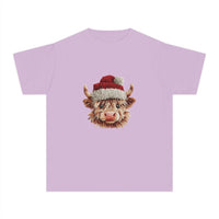 Youth tee with Santa Highland cow in faux crochet yarn style for Christmas
