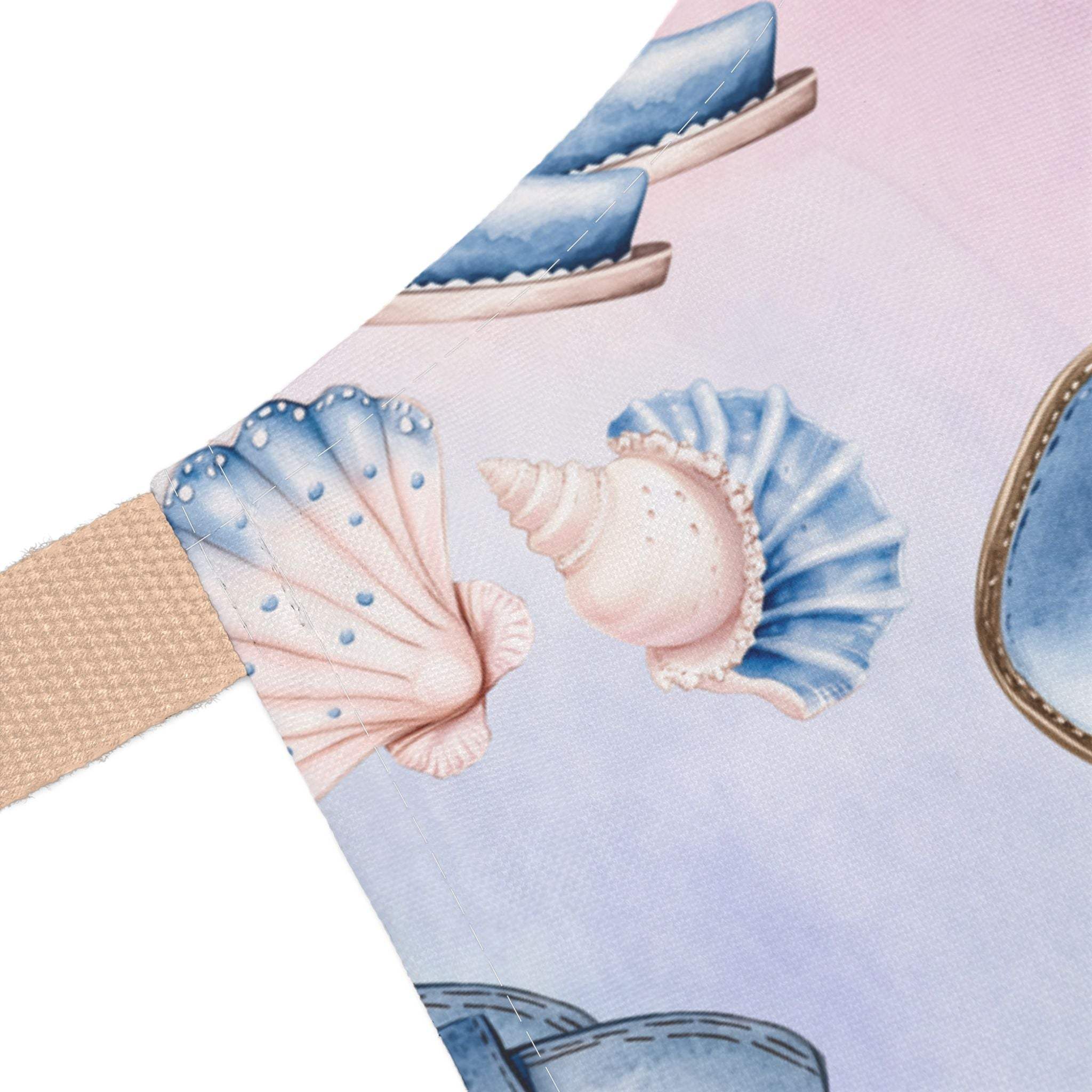 pastel coastal cowgirl apron with seashell design and beige strap