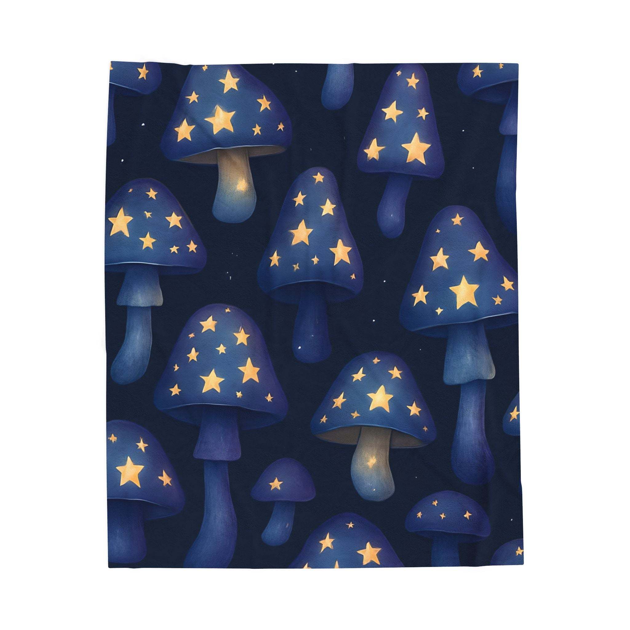 Plush blanket with whimsical mushroom and glowing star design on dark background