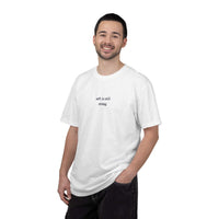 Man wearing a white t-shirt with text on a white background