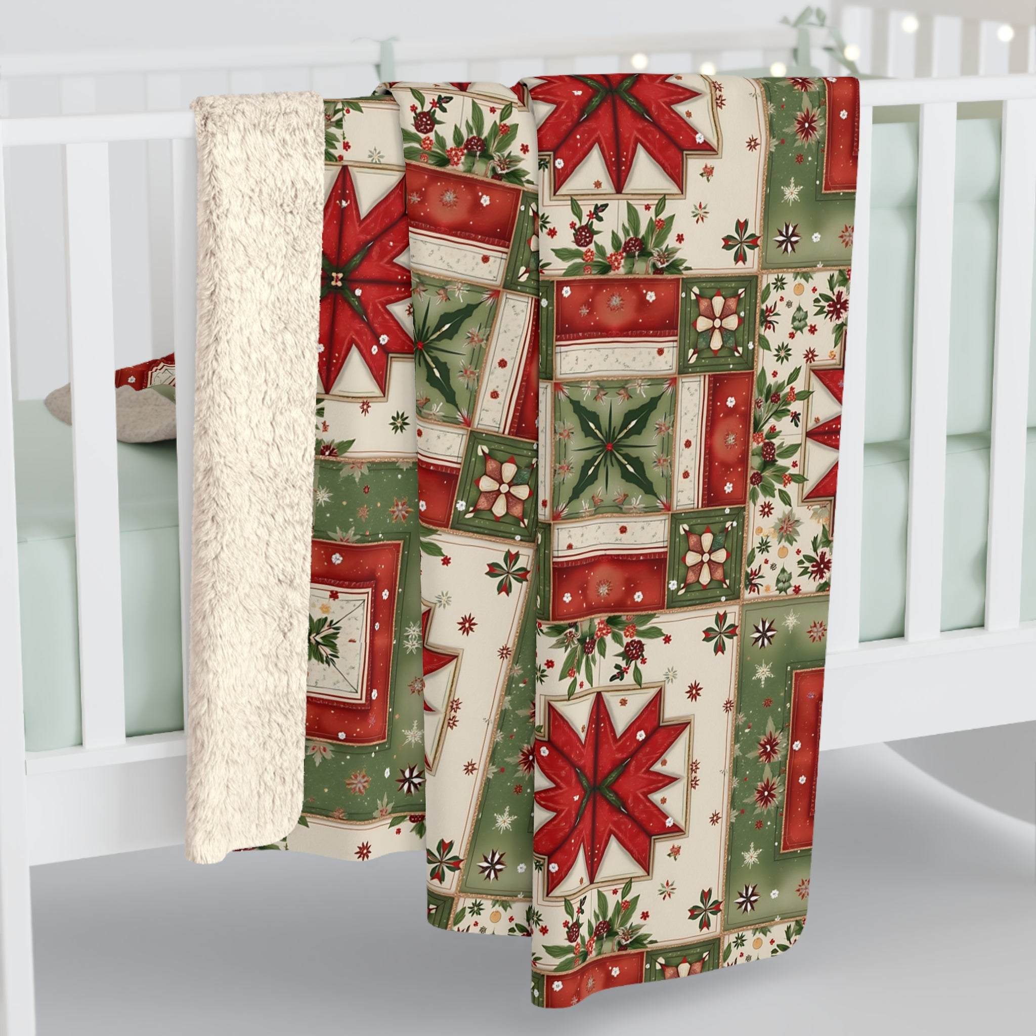 Vintage Christmas patchwork sherpa blanket with faded plaids and stitched stars for cozy holiday warmth