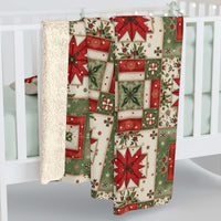 Vintage Christmas patchwork sherpa blanket with faded plaids and stitched stars for cozy holiday warmth