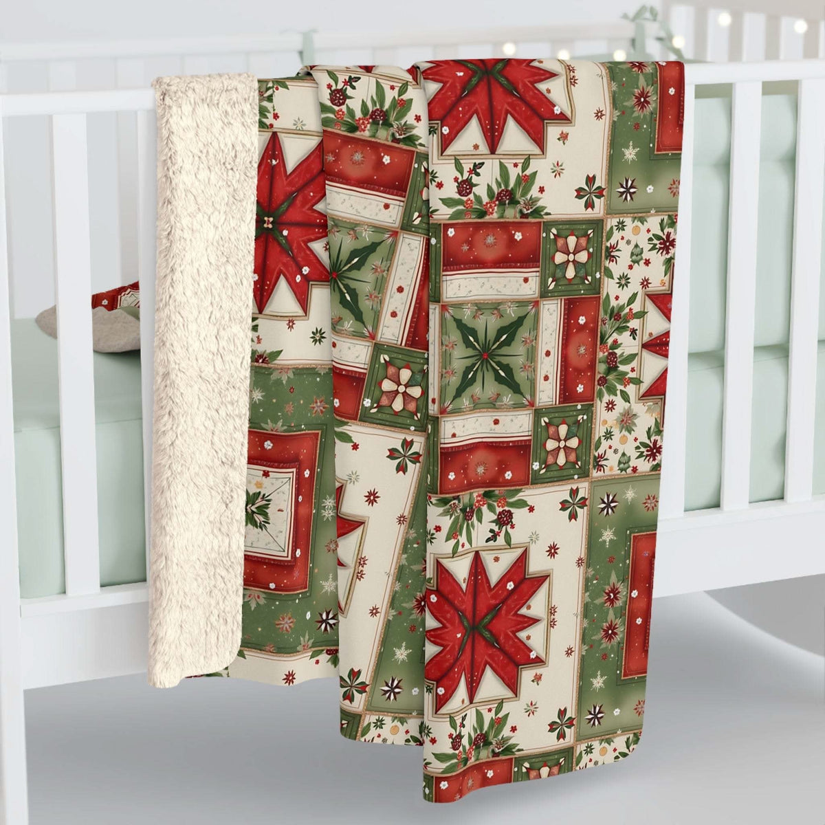 Vintage Christmas patchwork sherpa blanket with faded plaids and stitched stars for cozy holiday warmth