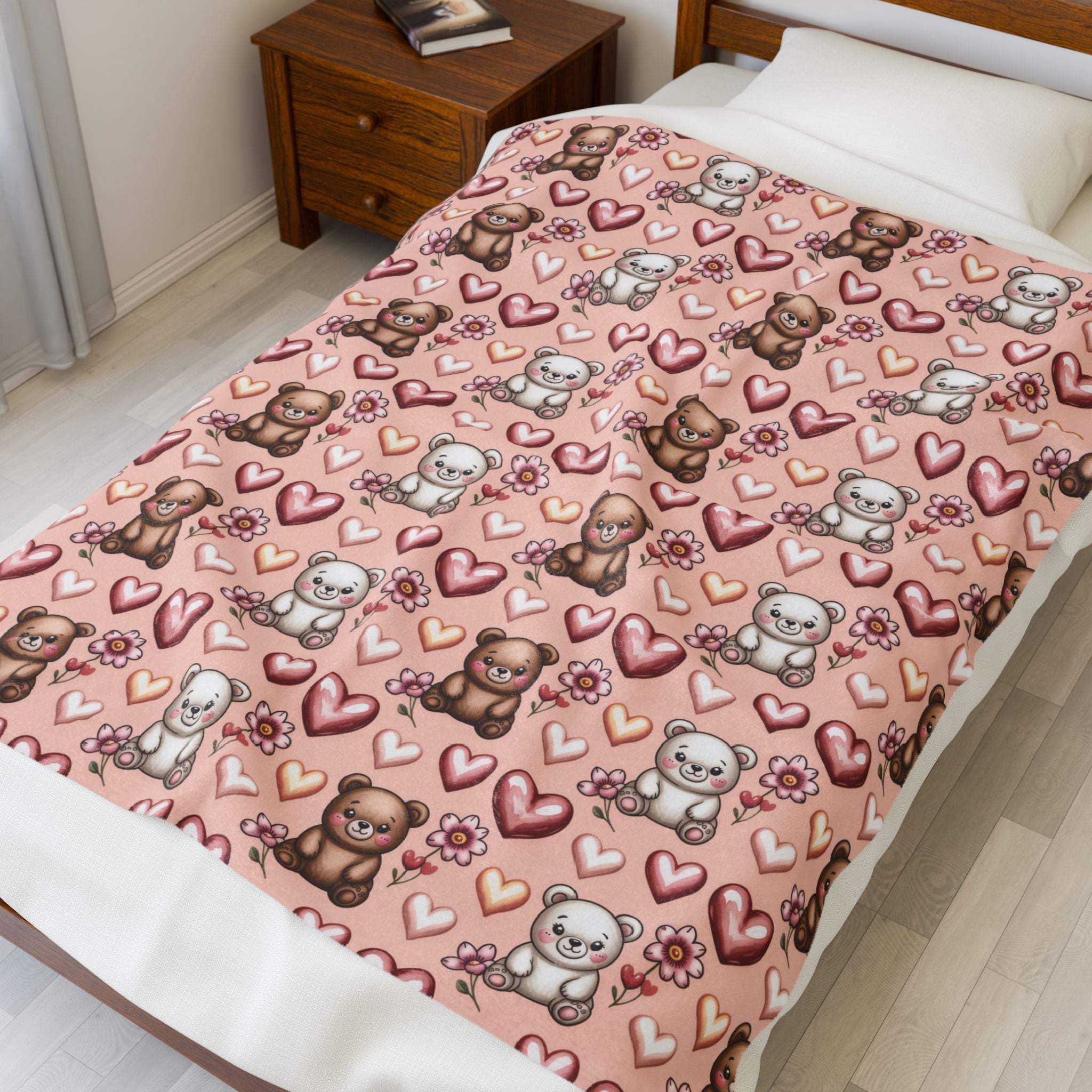 Kawaii Milk and Mocha Bears plush velveteen blanket with cute pastel bear duo design