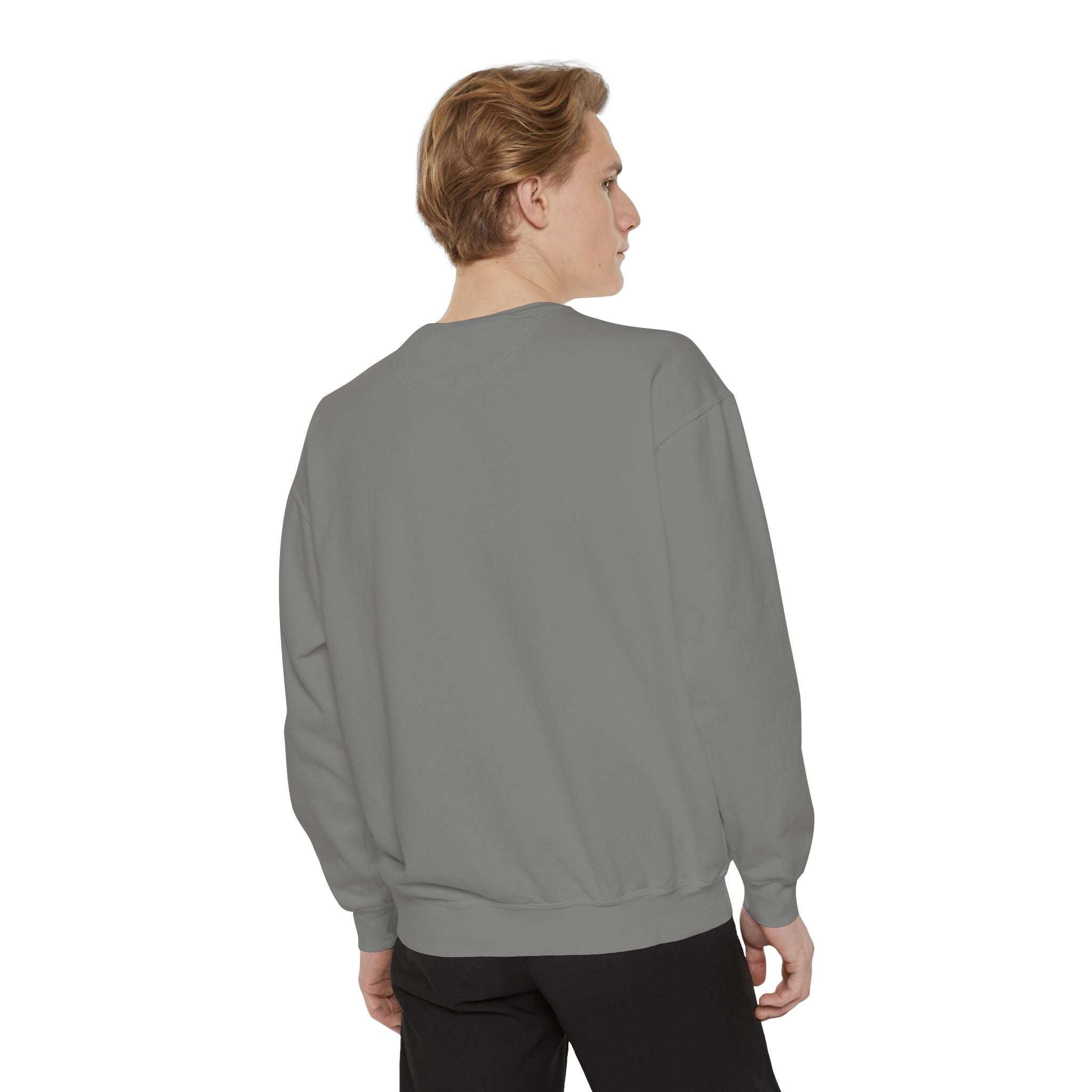 Unisex garment-dyed sweatshirt in gray with relaxed fit and ribbed cuffs shown from the back