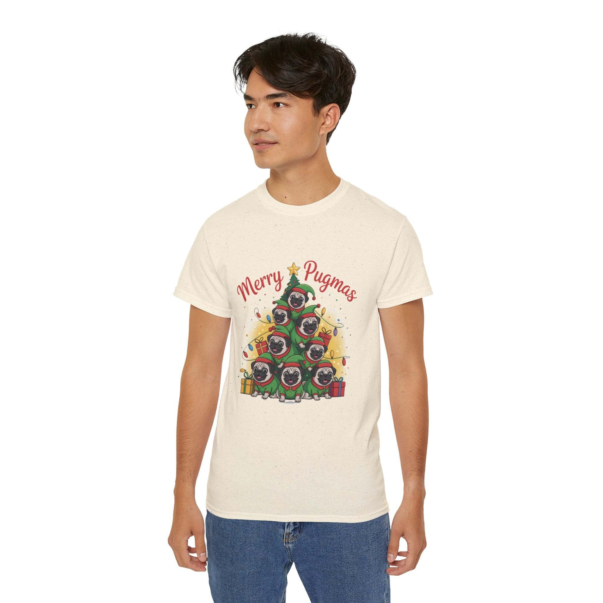 Black Merry Pugmas holiday t-shirt from Printify, featuring festive pug design for dog lovers.