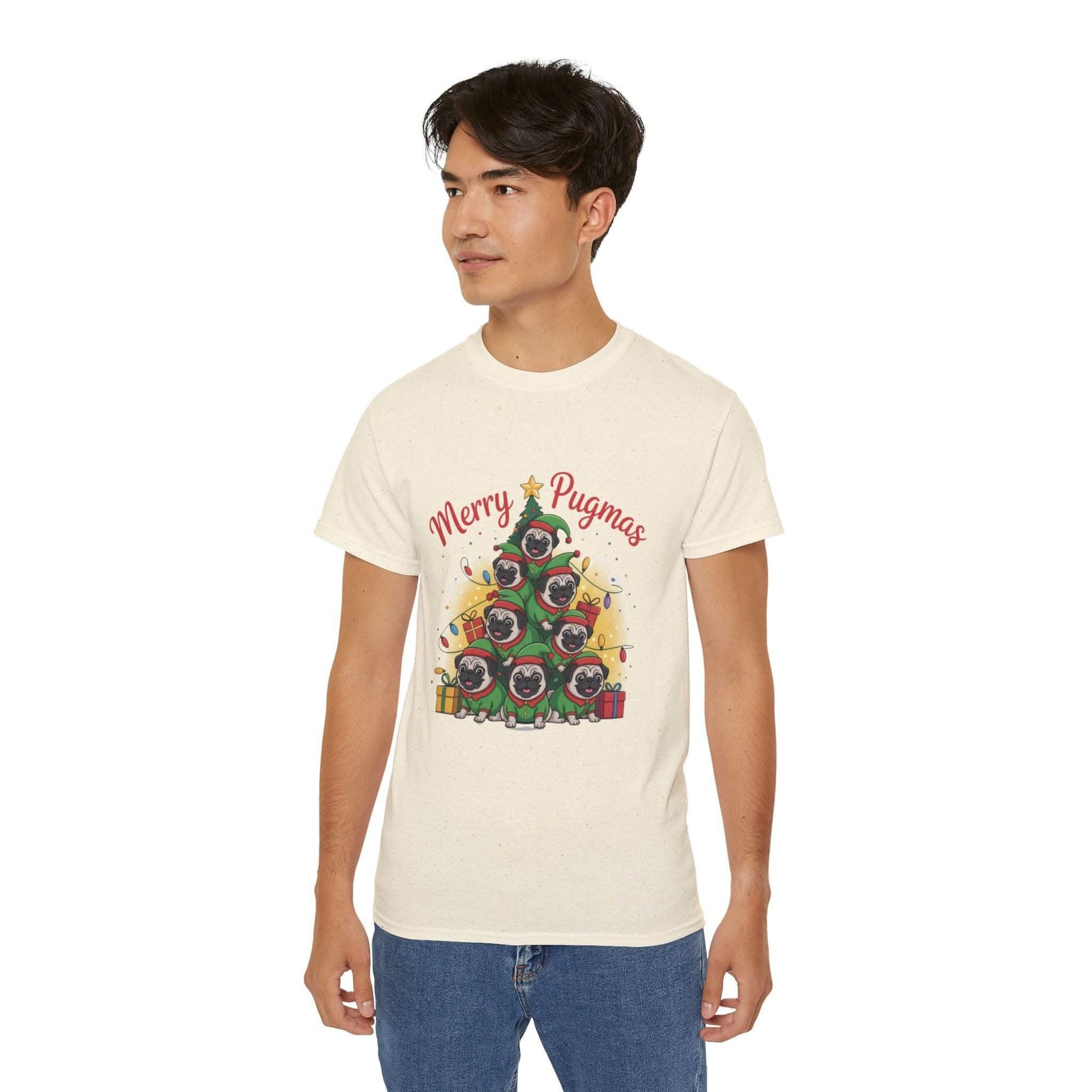 Black Merry Pugmas holiday t-shirt from Printify, featuring festive pug design for dog lovers.