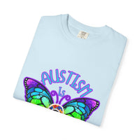Light blue Autism is Beautiful T-shirt with colorful butterfly design promoting autism awareness and acceptance