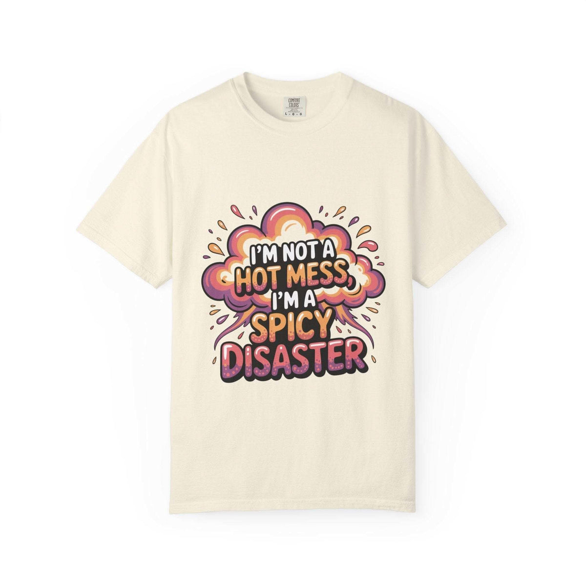 Black garment-dyed unisex t-shirt featuring "Spicy Disaster" graphic in a casual style by Printify.