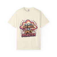Black garment-dyed unisex t-shirt featuring "Spicy Disaster" graphic in a casual style by Printify.