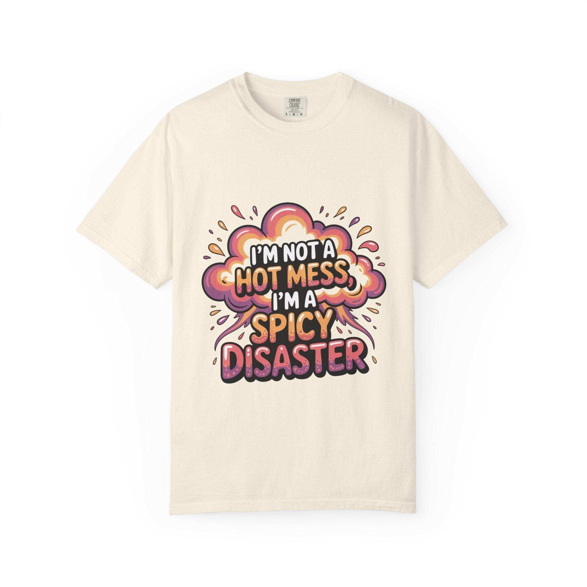 Black garment-dyed unisex t-shirt featuring "Spicy Disaster" graphic in a casual style by Printify.