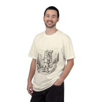 Cat Hiker illustration t-shirt featuring a backpacking cat on a mountain trail for outdoor adventure and camping enthusiasts