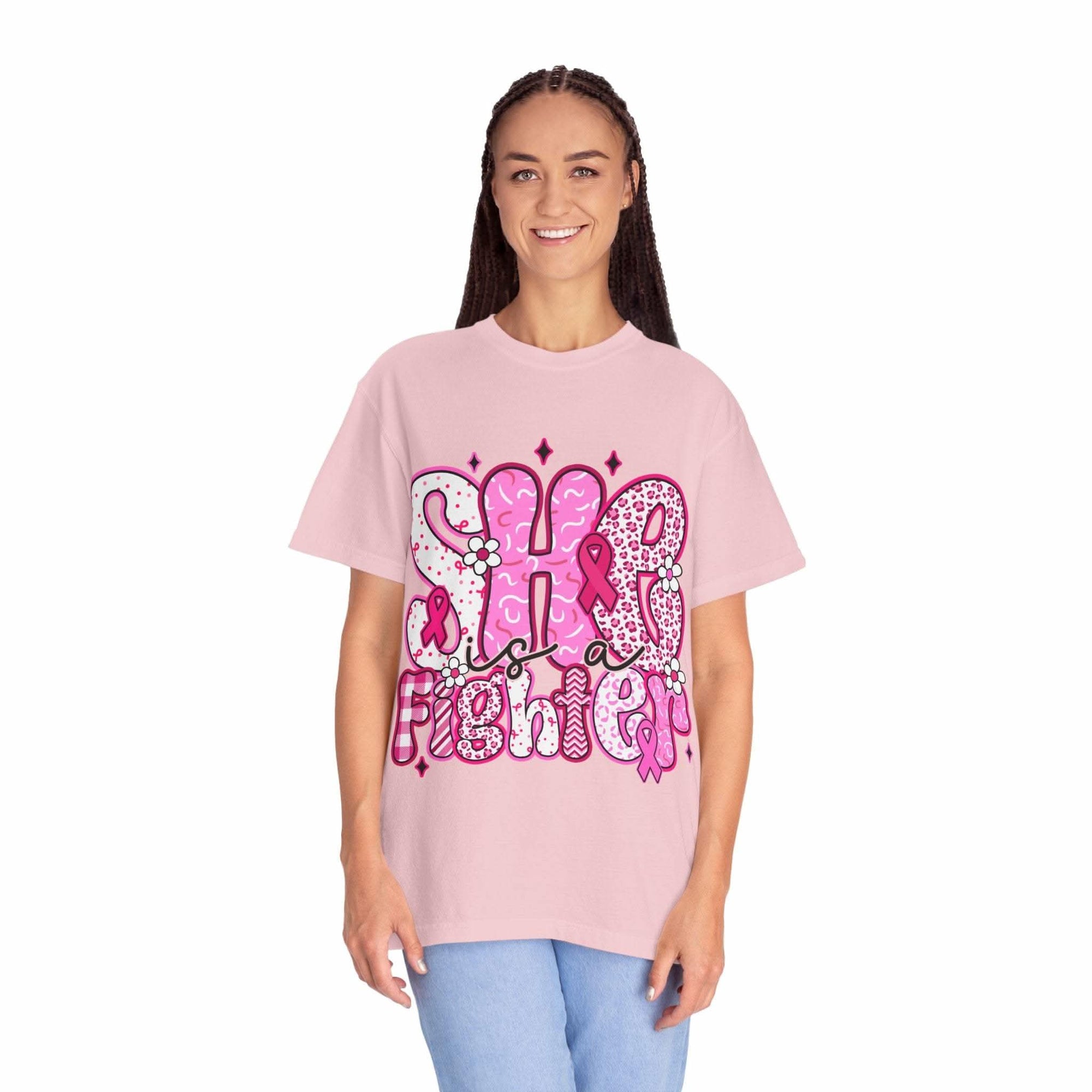 Woman wearing pink Fighter Breast Cancer T-shirt with bold supportive design