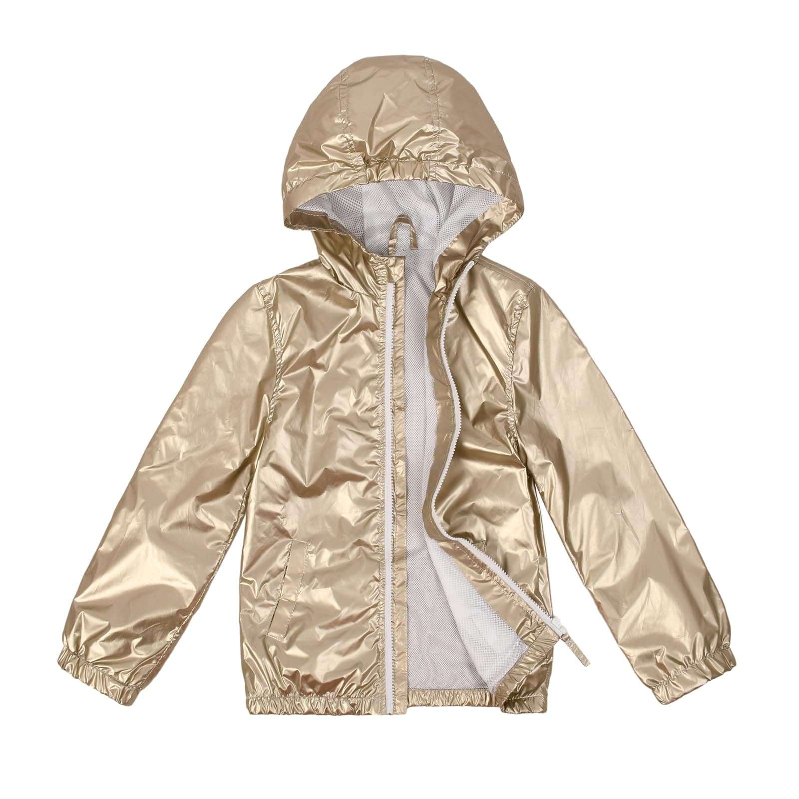 Spunky Girls Hooded Waterproof Jacket lightweight polyester rain jacket with hood and full zip closure for kids