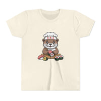 Cute otter sushi chef graphic on youth tee shirt for kids, soft breathable cotton design