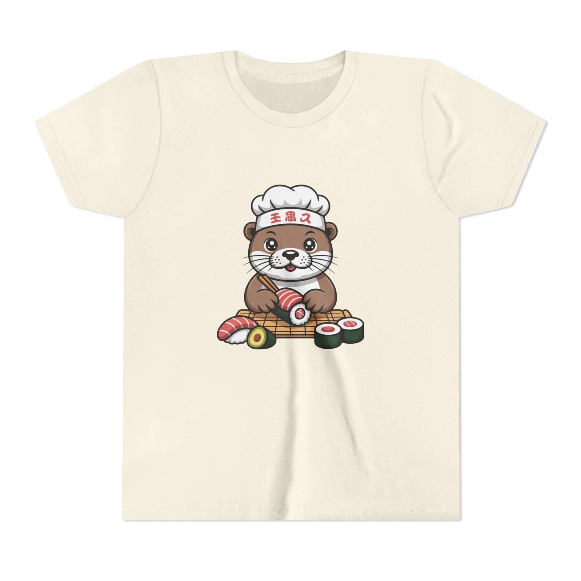 Cute otter sushi chef graphic on youth tee shirt for kids, soft breathable cotton design