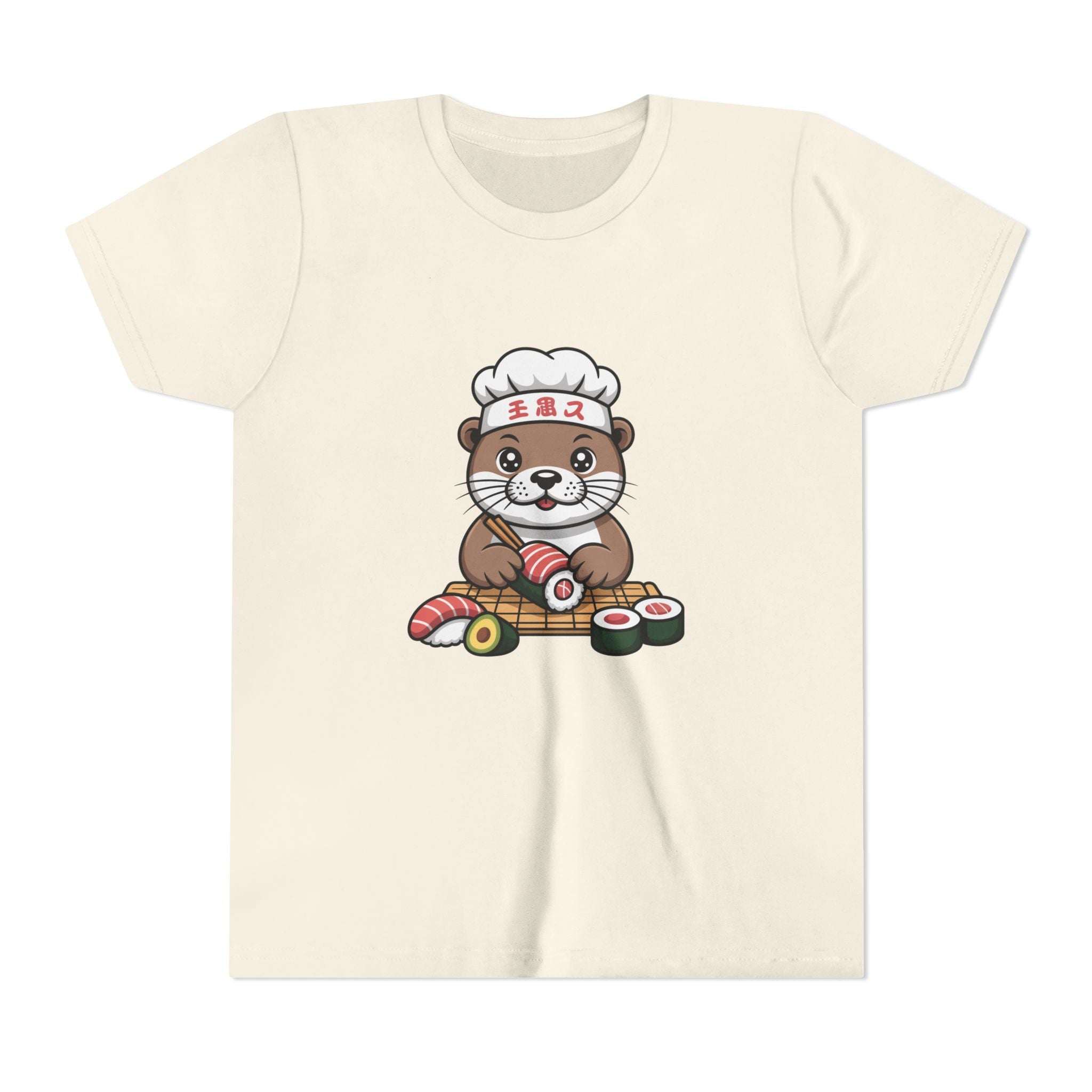 Cute white kids' t-shirt featuring an otter sushi chef graphic by Printify