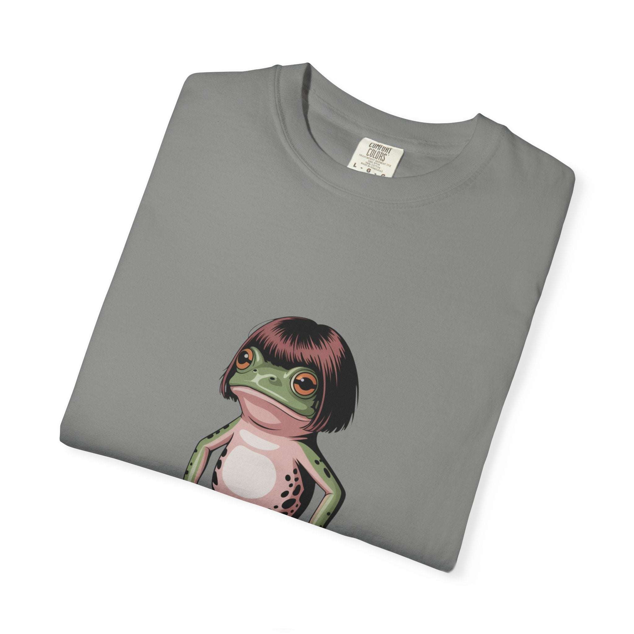 Frog with bob haircut meme printed on vintage-style garment-dyed t-shirt