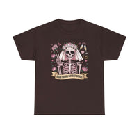 Bride skull illustration tee with skeleton bride, roses, champagne flutes, and "Good brides say bad words" banner on soft white cotton shirt