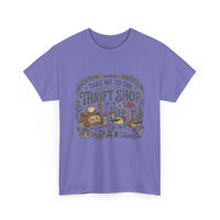 Vintage thrift shop t-shirt with botanicals, mushrooms, and flea market treasures illustration