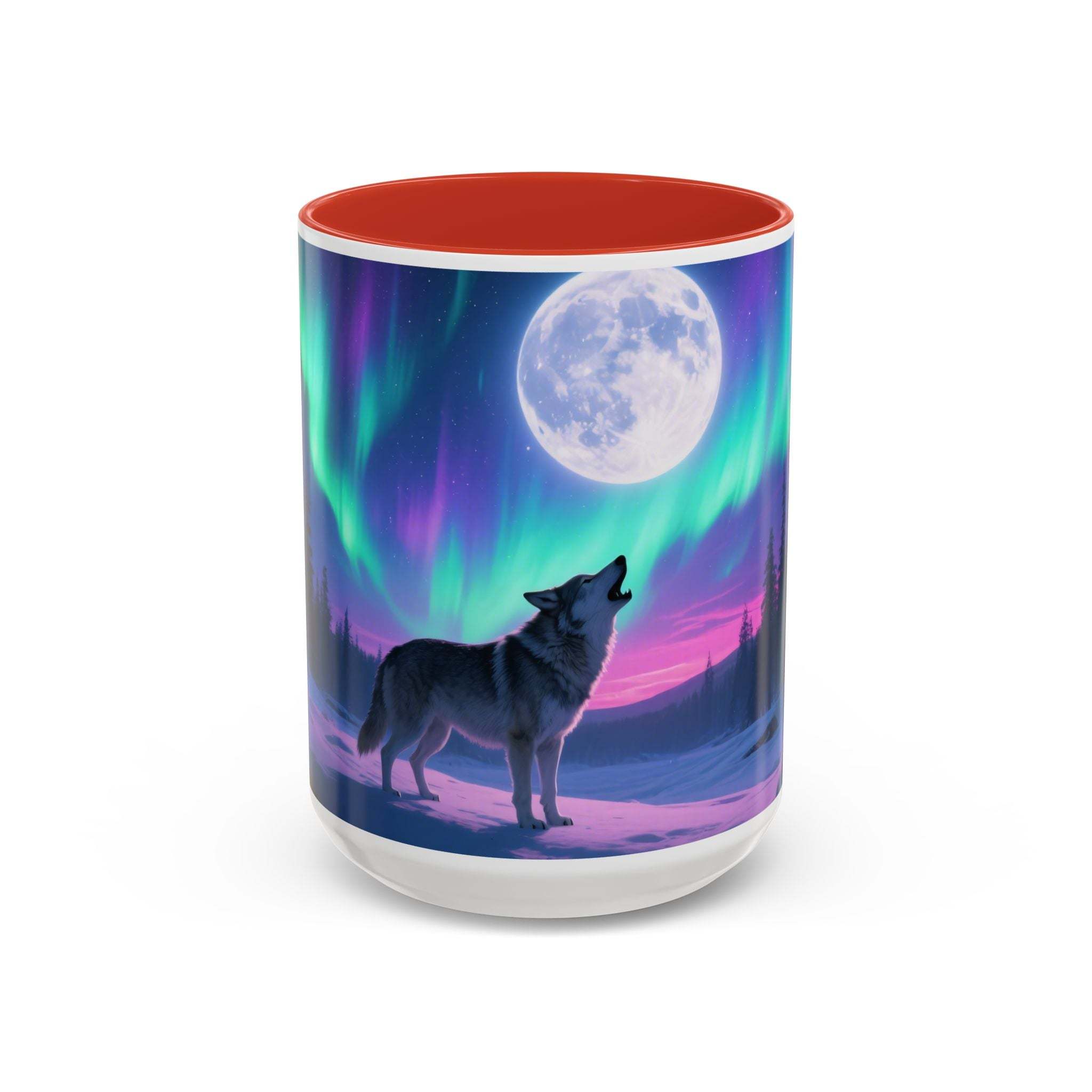Tumbler with a wolf and moon design on a white background