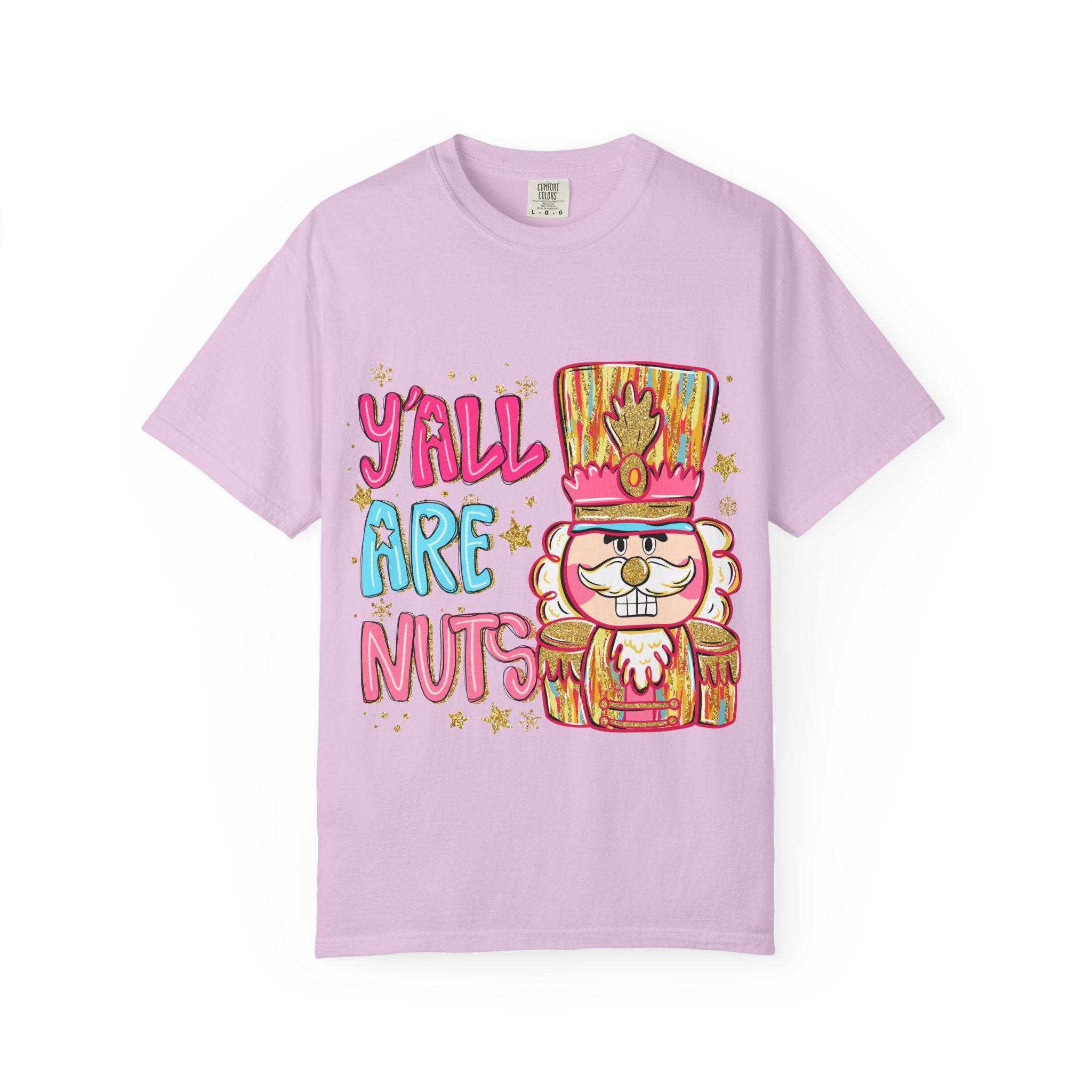 Lavender T-shirt with colorful Yall Are Nuts Nutcracker graphic and festive design