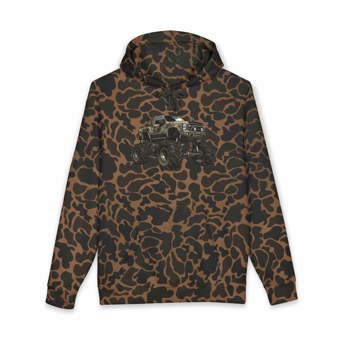 American Flag Monster Truck hoodie with camouflage truck graphic and distressed flag design